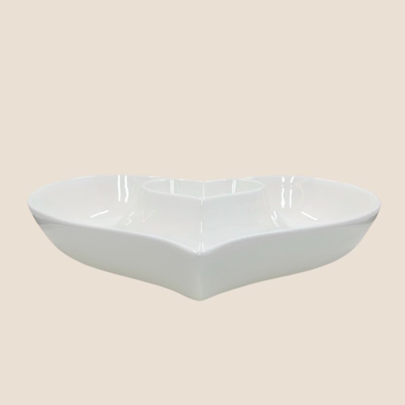 White Ceramic Heart-Shaped Plate – Dual Compartment
