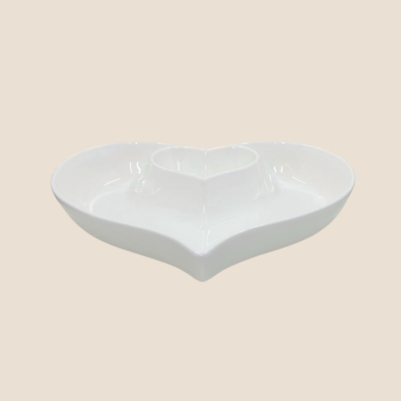 White Ceramic Heart-Shaped Plate – Dual Compartment