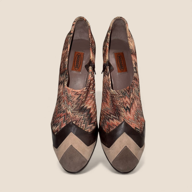 Missoni Ankle Boots — Brown Leather with Signature Zigzag Knit (Vintage, Like New)
