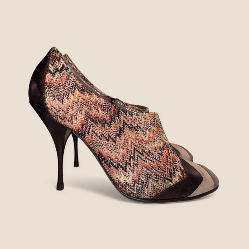 Missoni Ankle Boots — Brown Leather with Signature Zigzag Knit (Vintage, Like New)