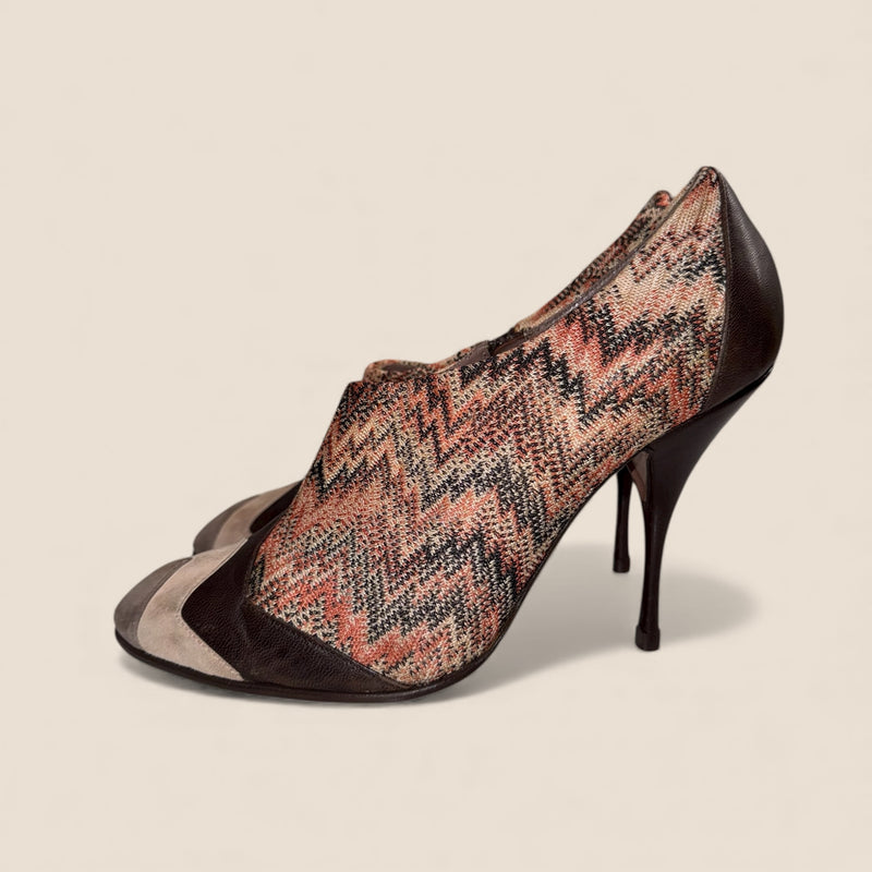 Missoni Ankle Boots — Brown Leather with Signature Zigzag Knit (Vintage, Like New)