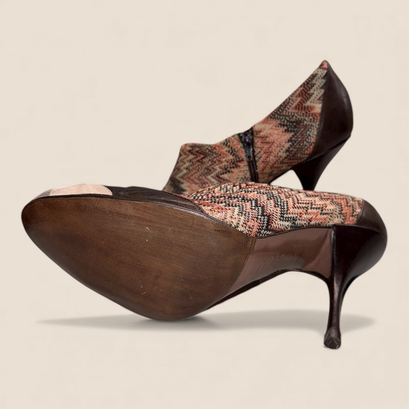 Missoni Ankle Boots — Brown Leather with Signature Zigzag Knit (Vintage, Like New)
