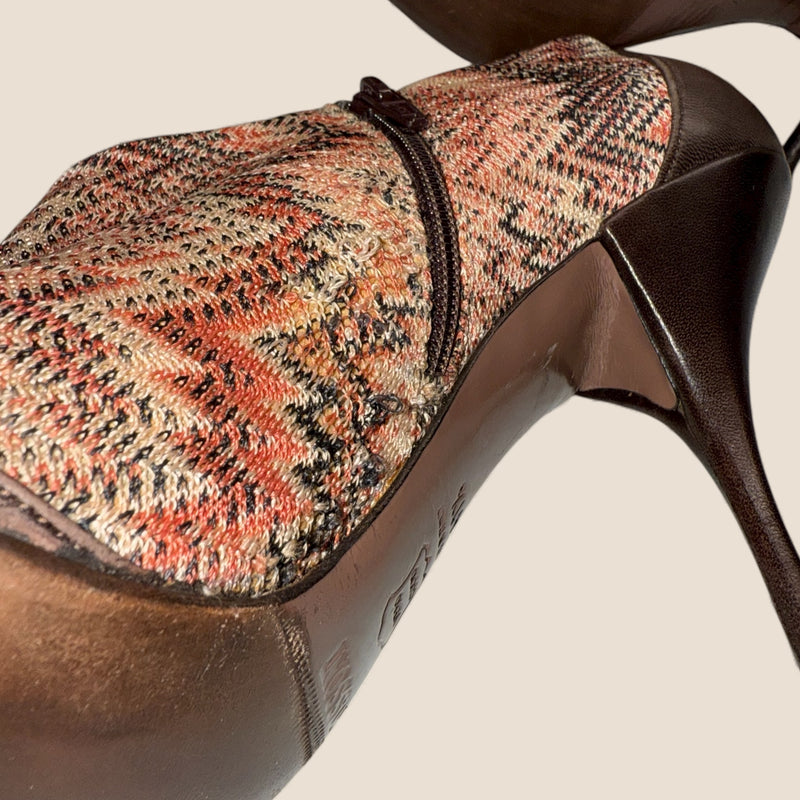 Missoni Ankle Boots — Brown Leather with Signature Zigzag Knit (Vintage, Like New)