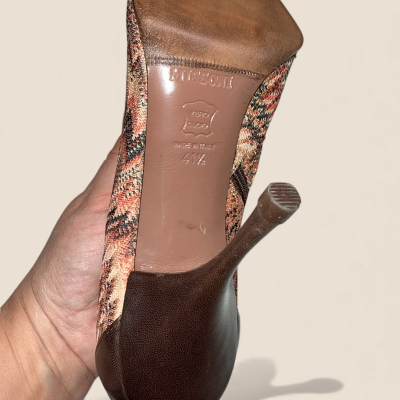 Missoni Ankle Boots — Brown Leather with Signature Zigzag Knit (Vintage, Like New)