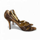 Sarah Chofakian Leather Sandals | Brown Snake-Effect with Gold Details, Stiletto Heel