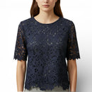 Zara Navy Lace Top | Elegant Floral Cut-Out Blouse | Size M